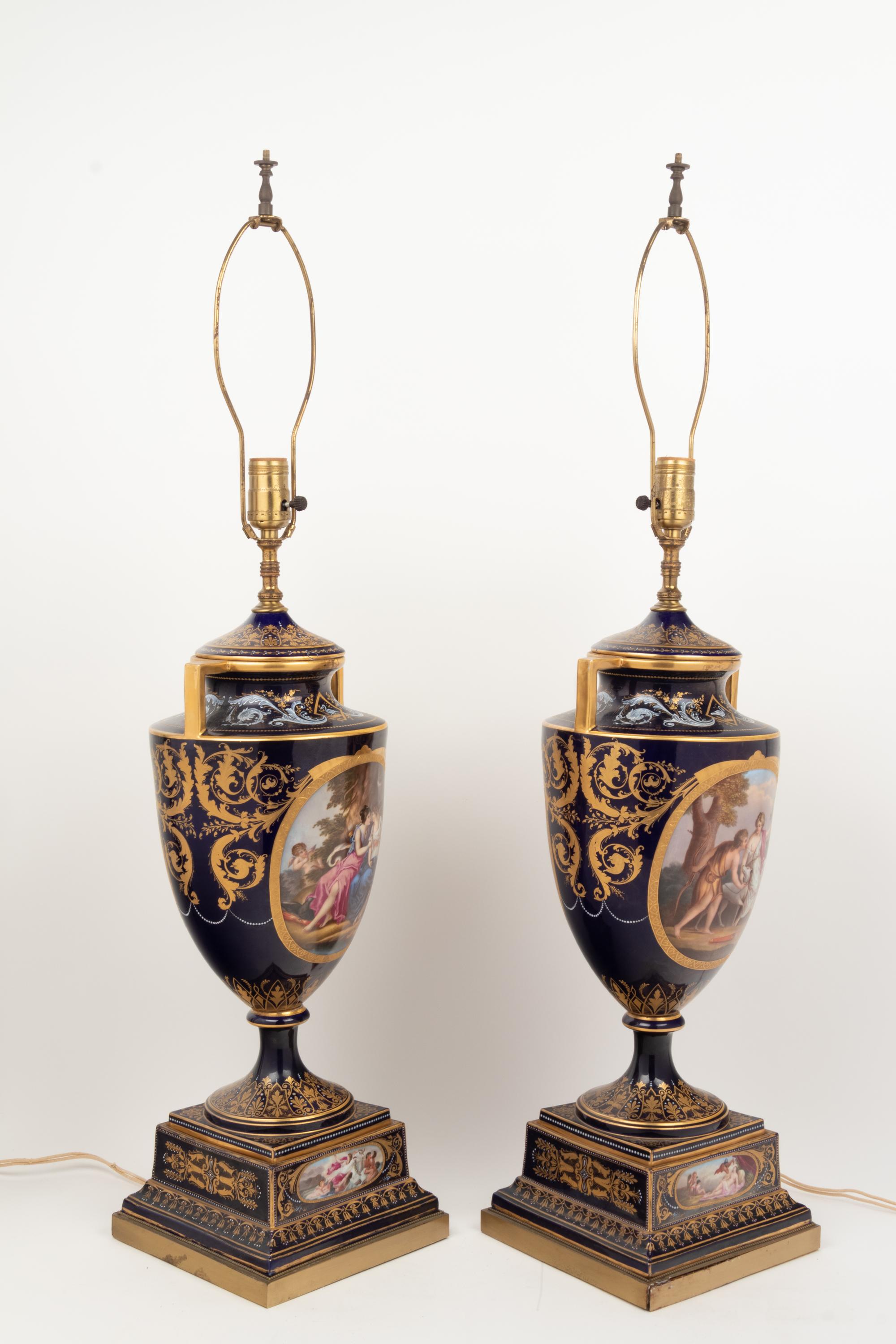 A Pair of Vienna Porcelain Urns Mounted as Lamps