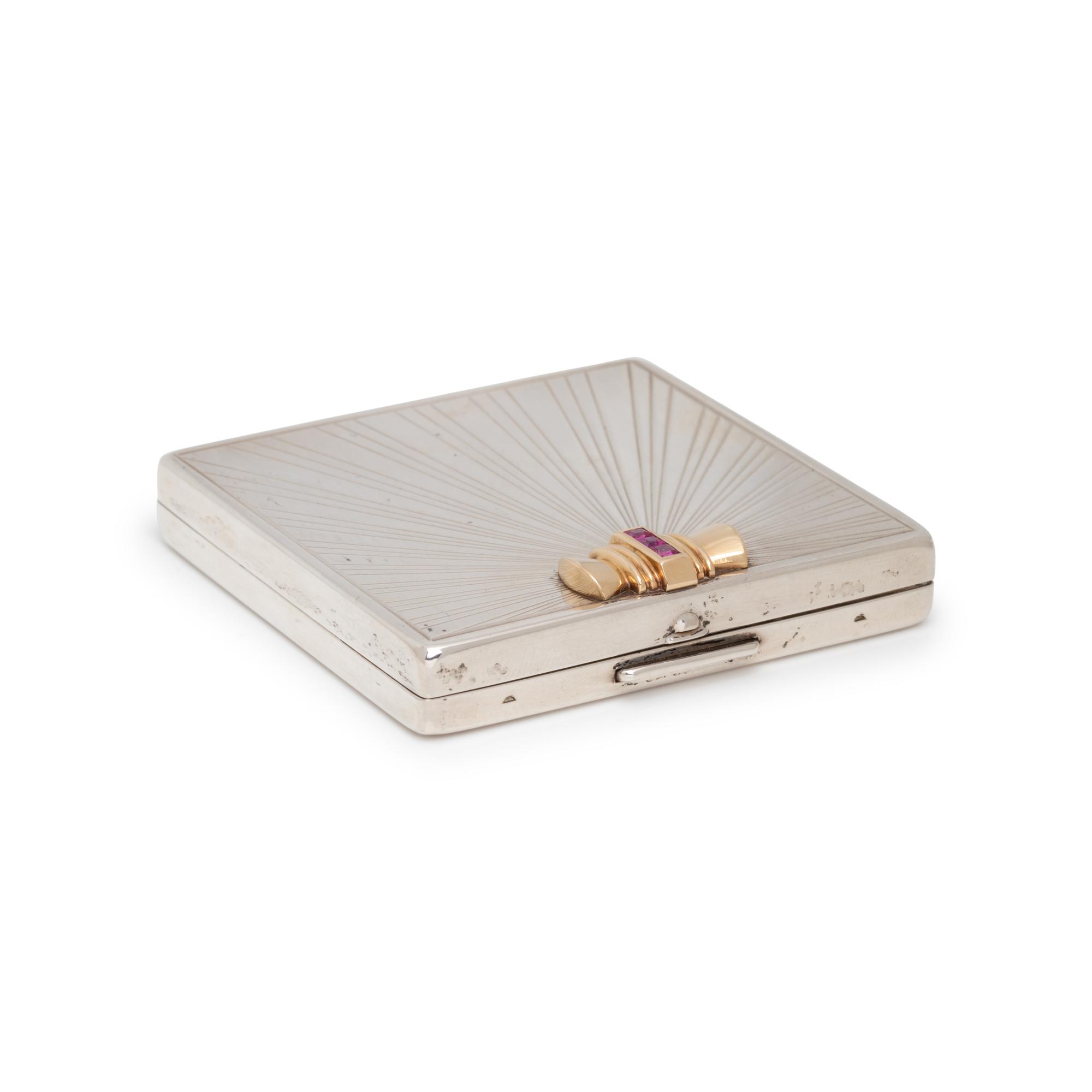 TIFFANY & CO., RETRO, STERLING SILVER, YELLOW GOLD AND RUBY COMPACT