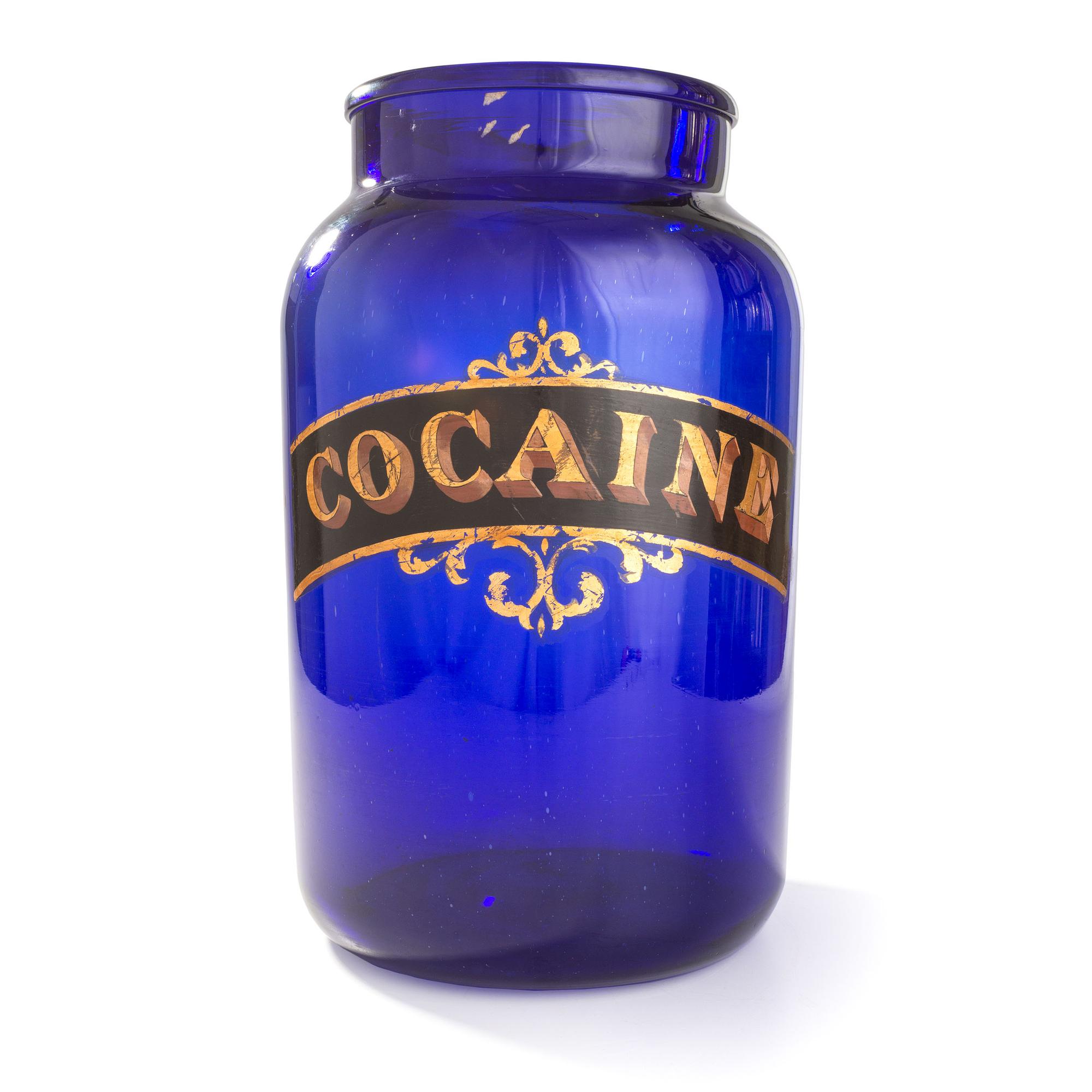 An English Painted Blue Glass Cocaine Apothecary Jar