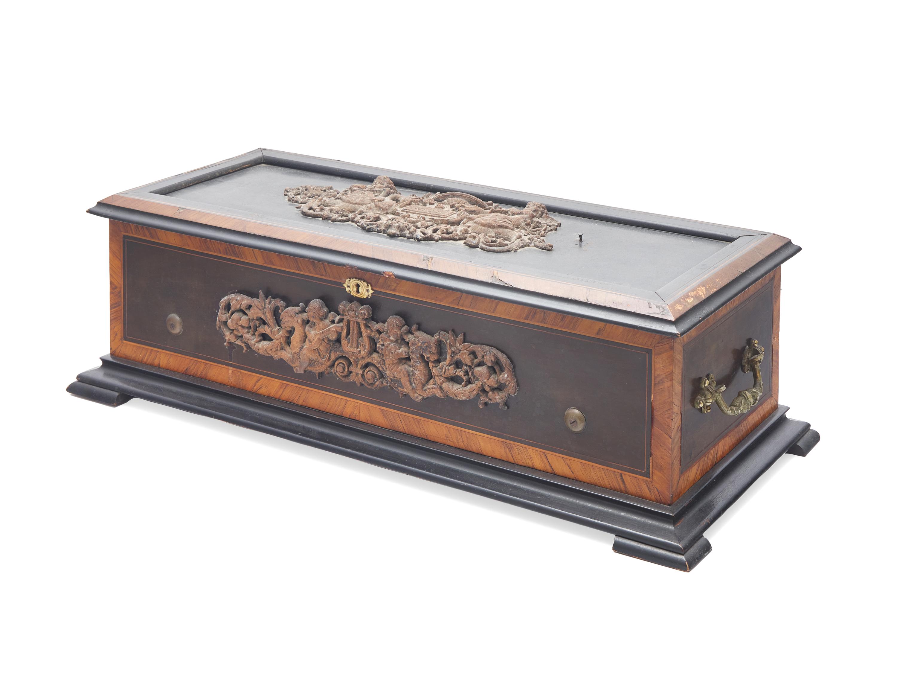 A Swiss Ebonized and Rosewood-Veneered Cylindrical Music Box