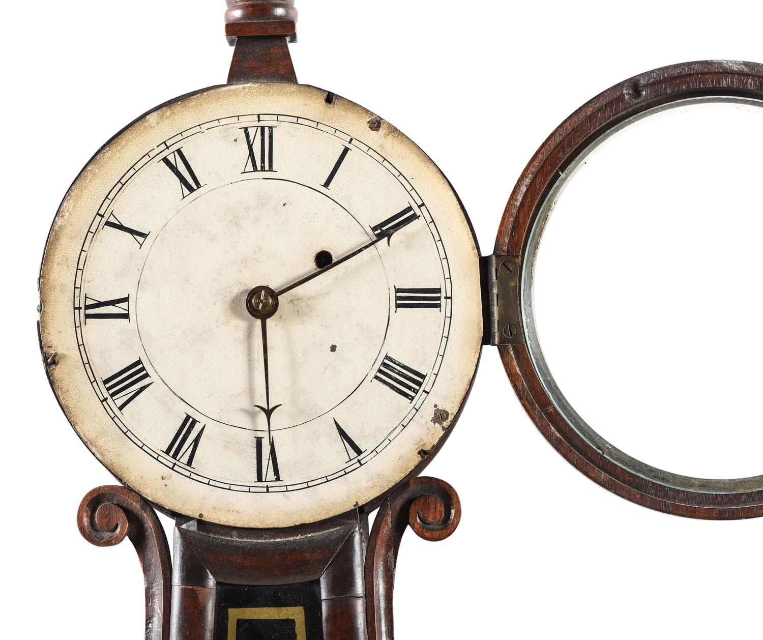 A Federal Eglomise Inset Mahogany Banjo Clock with Scroll Sides