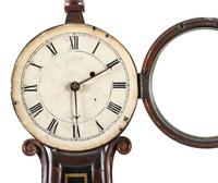 A Federal Eglomise Inset Mahogany Banjo Clock with Scroll Sides
