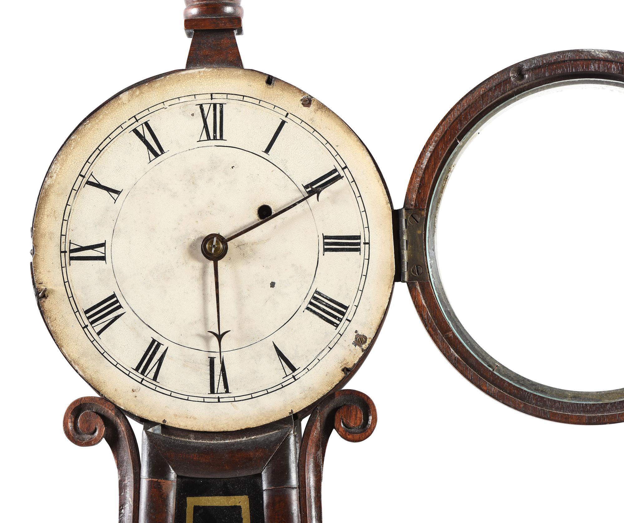 A Federal Eglomise Inset Mahogany Banjo Clock with Scroll Sides