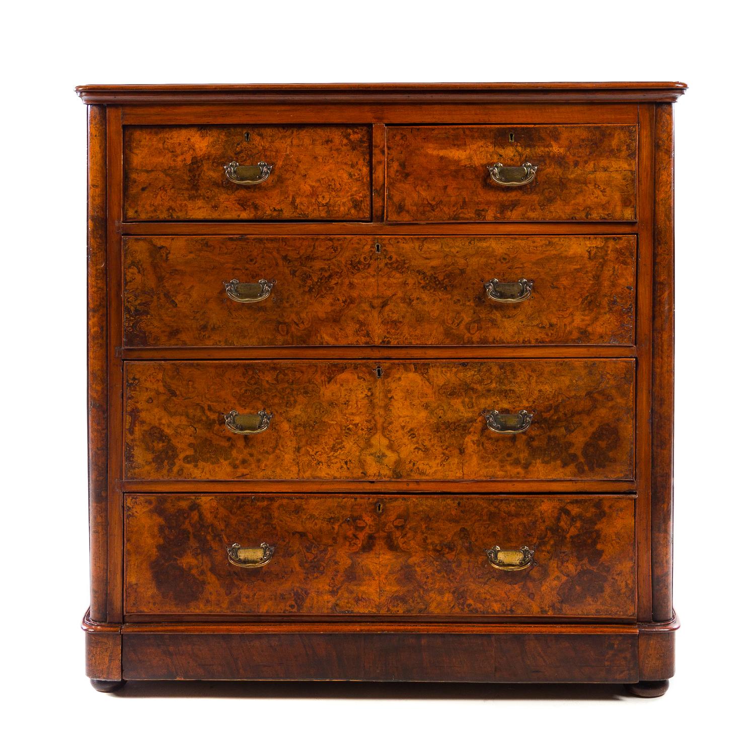 A Victorian Burlwood and Mahogany Chest of Drawers Height 46 1/2 x width 46 x depth 19 1/2 inches. — LATE 19TH CENTURY