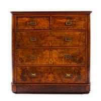 A Victorian Burlwood and Mahogany Chest of Drawers Height 46 1/2 x width 46 x depth 19 1/2 inches. — LATE 19TH CENTURY