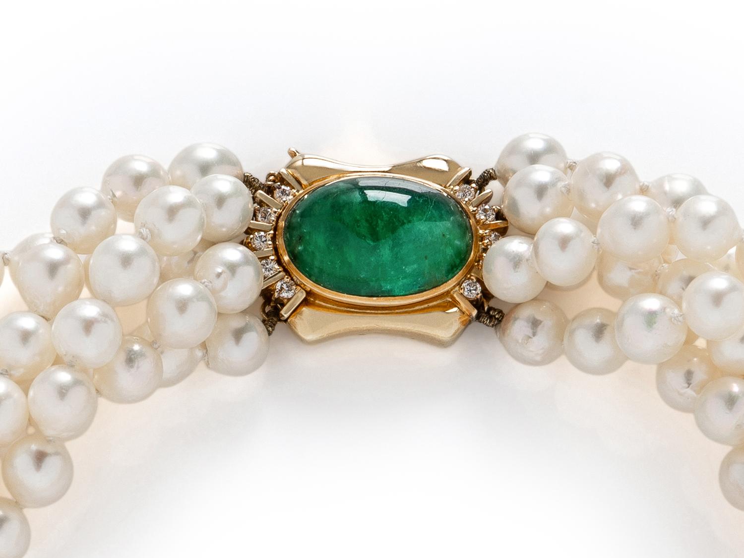 CULTURED PEARL, EMERALD, AND DIAMOND NECKLACE