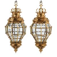 A Pair of Louis XVI Style Gilt Bronze and Etched Glass Hall Lanterns