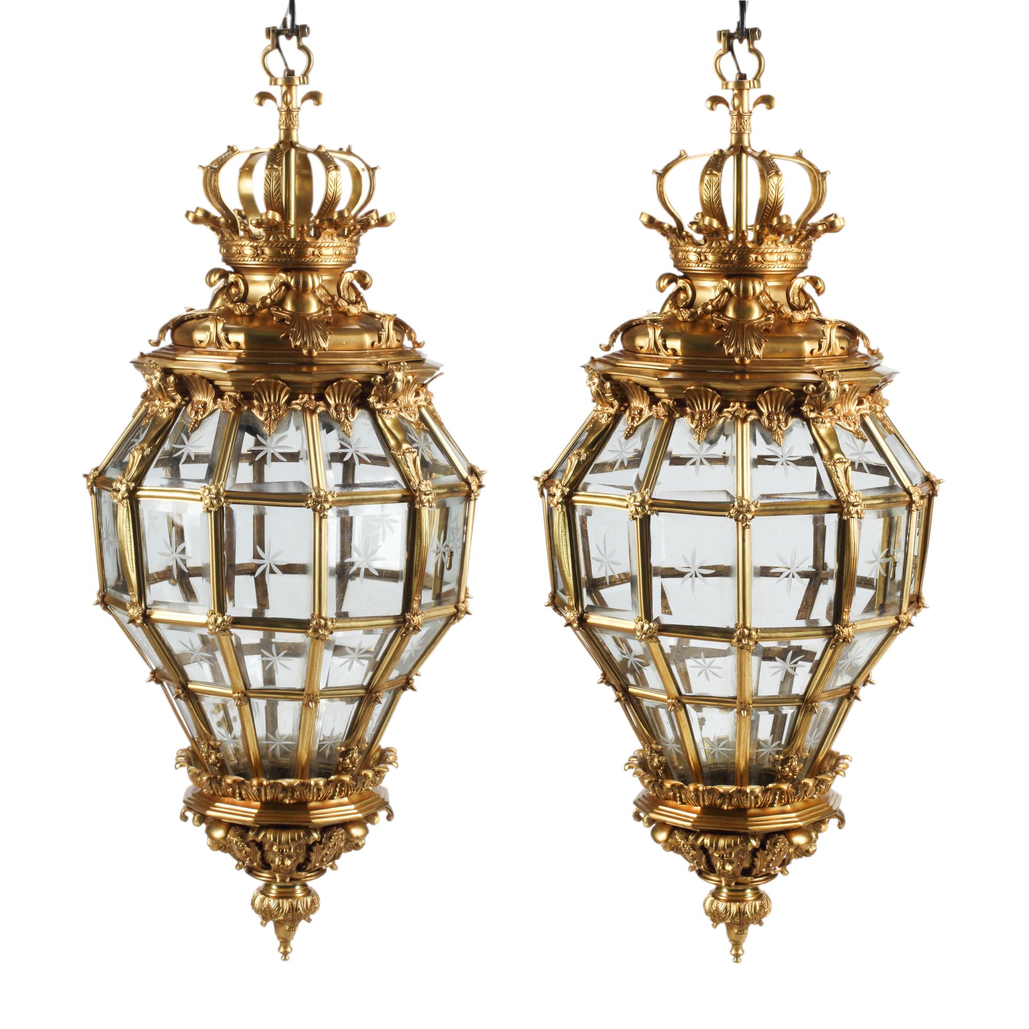 A Pair of Louis XVI Style Gilt Bronze and Etched Glass Hall Lanterns