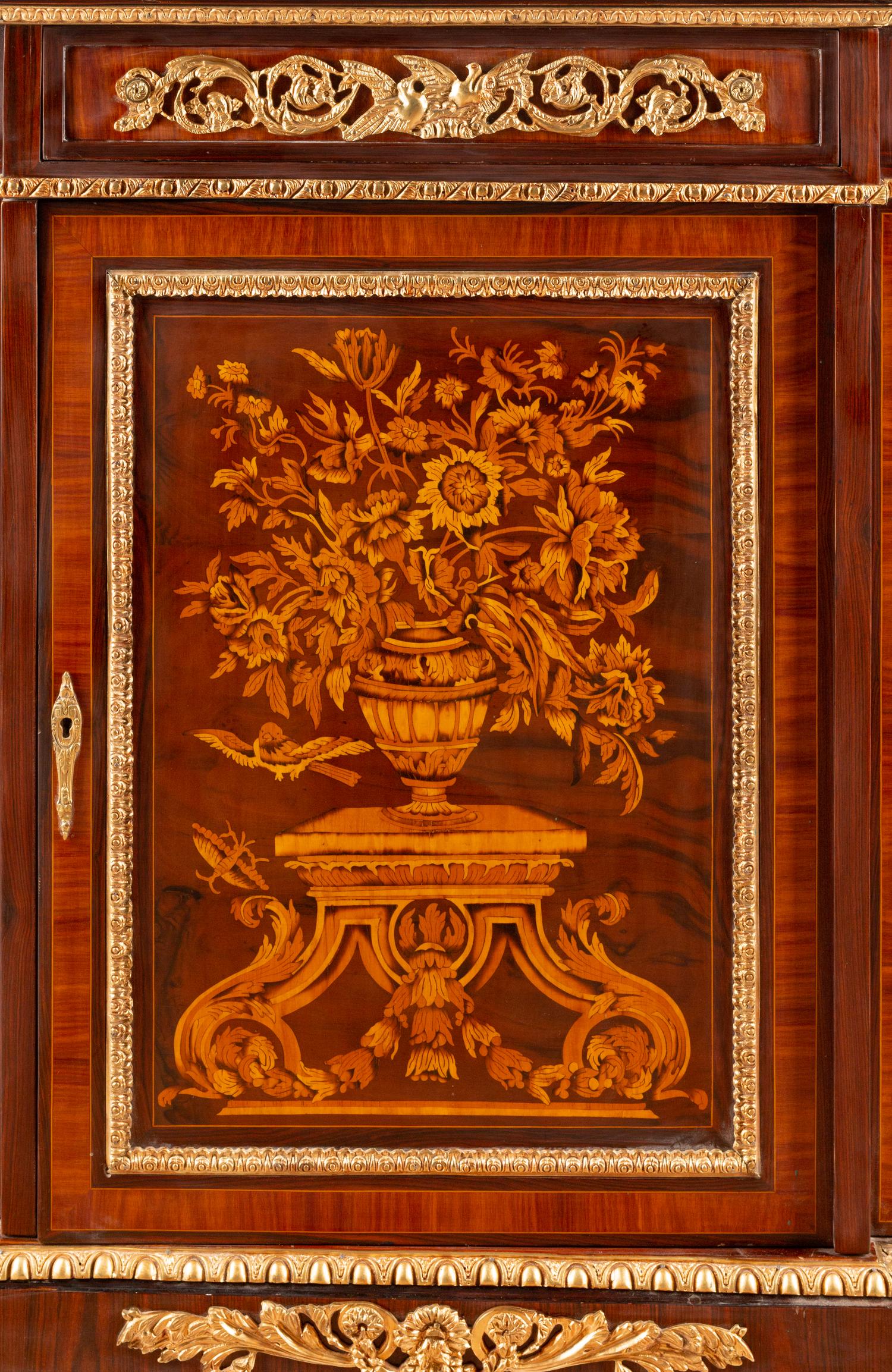 A Louis XV Style Gilt Bronze Mounted Marquetry Marble-Top Cabinet