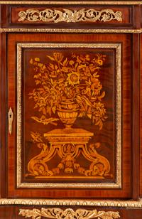 A Louis XV Style Gilt Bronze Mounted Marquetry Marble-Top Cabinet