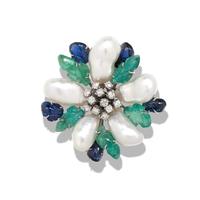 TRIO, CARVED EMERALD, CULTURED PEARL, CARVED SAPPHIRE, AND DIAMOND FLOWER BROOCH