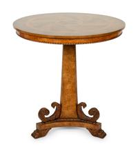 A Baker Regency Style Mahogany, Walnut and Elmwood Center Table