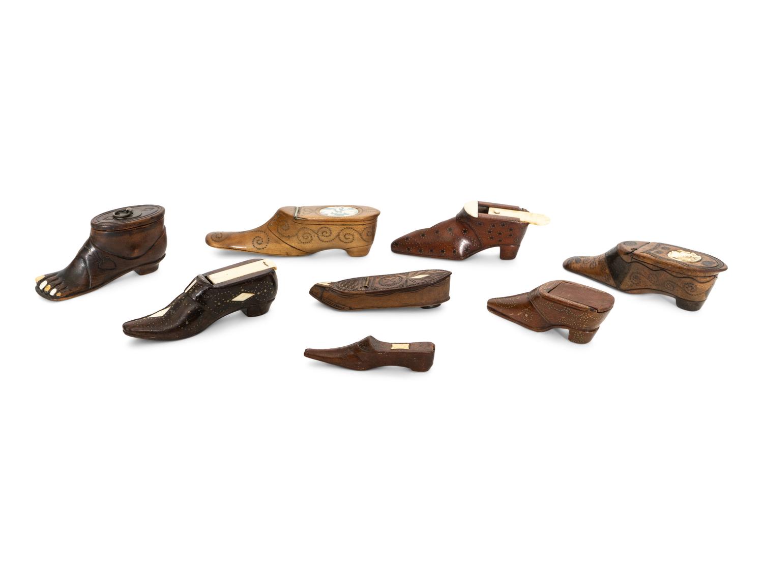 A Collection of Eight Victorian Treen Shoe-Form Snuff Boxes