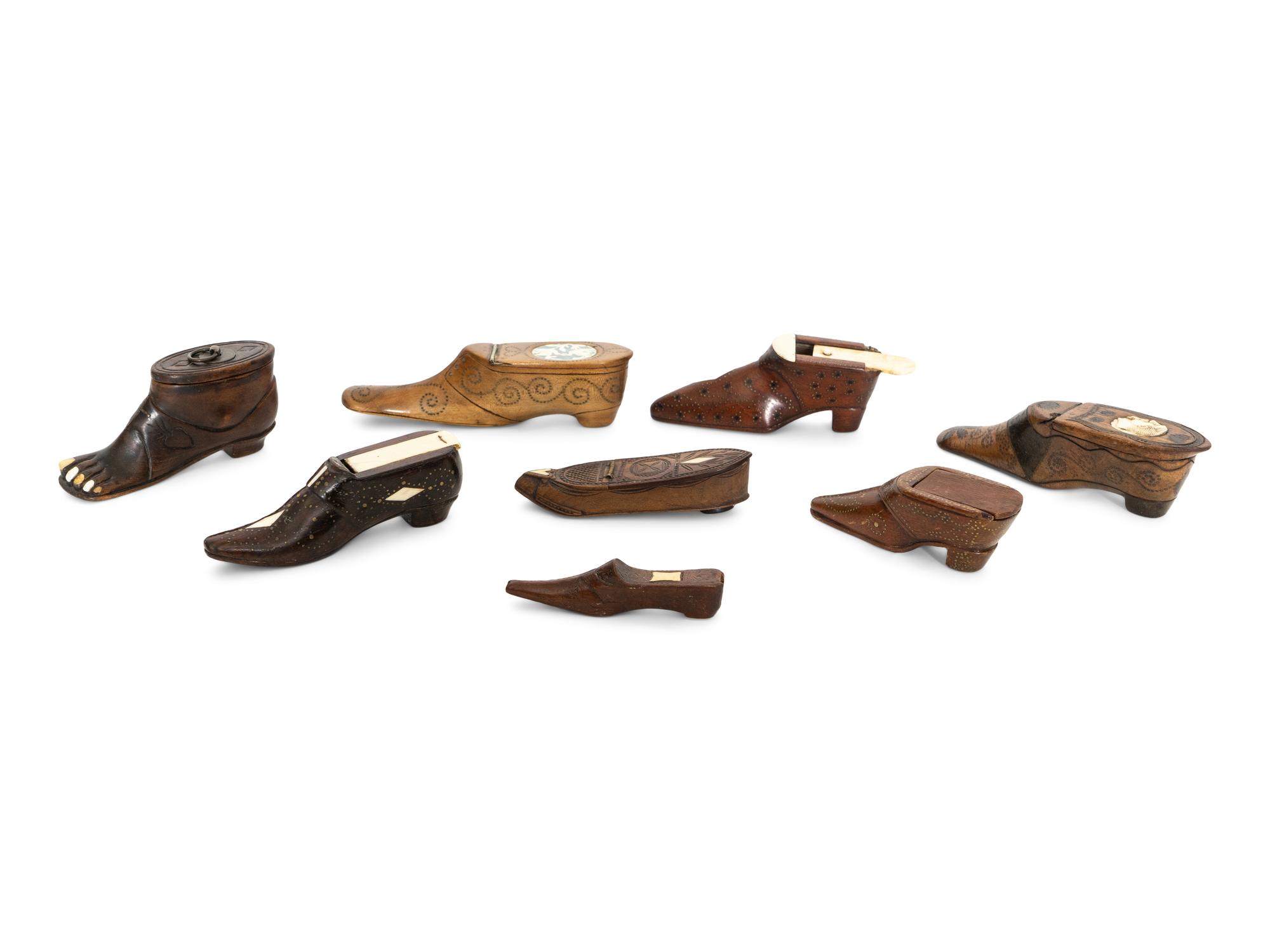 A Collection of Eight Victorian Treen Shoe-Form Snuff Boxes