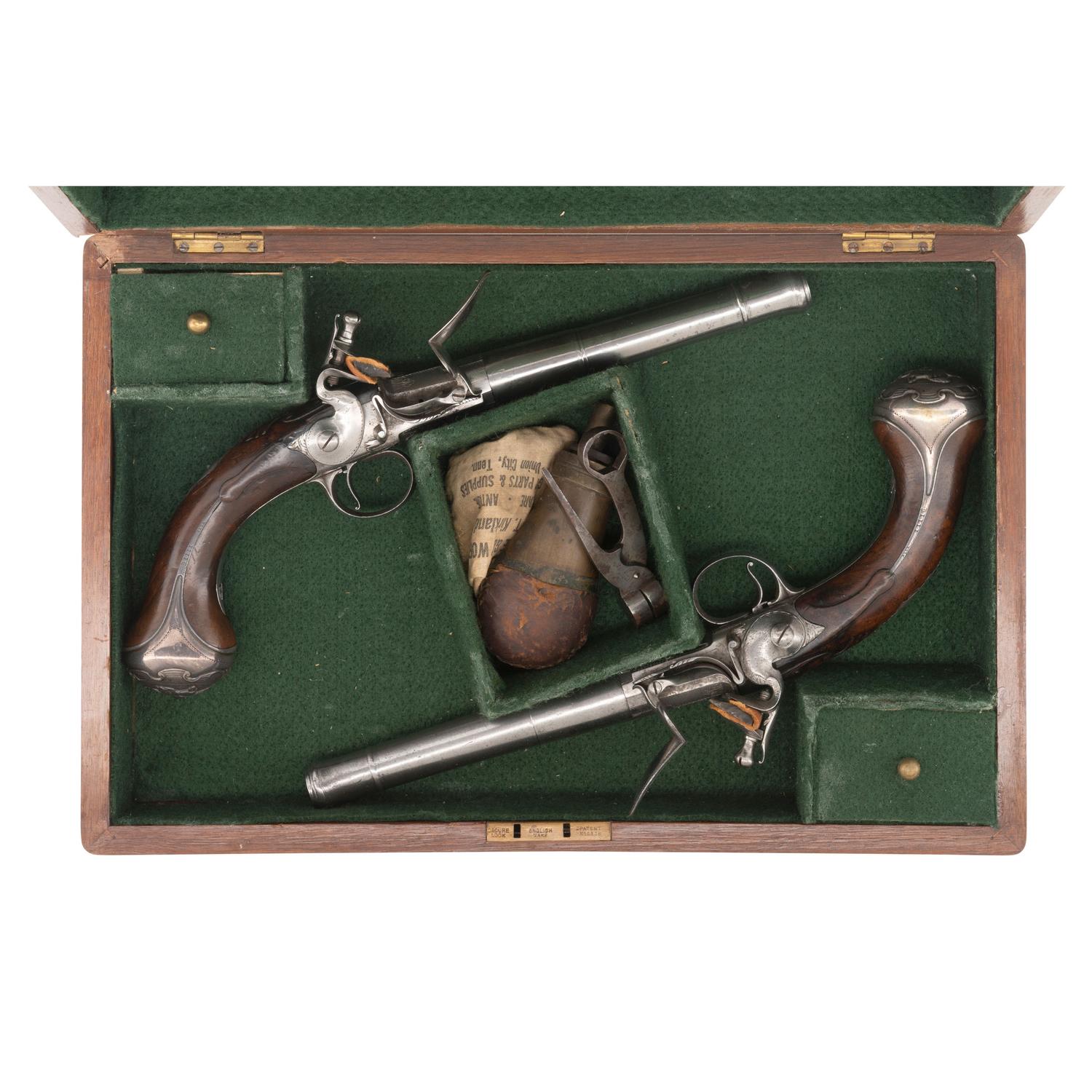 Pair of Queen Anne Flintlock Pistols by Freeman in Reconfigured Modern Case