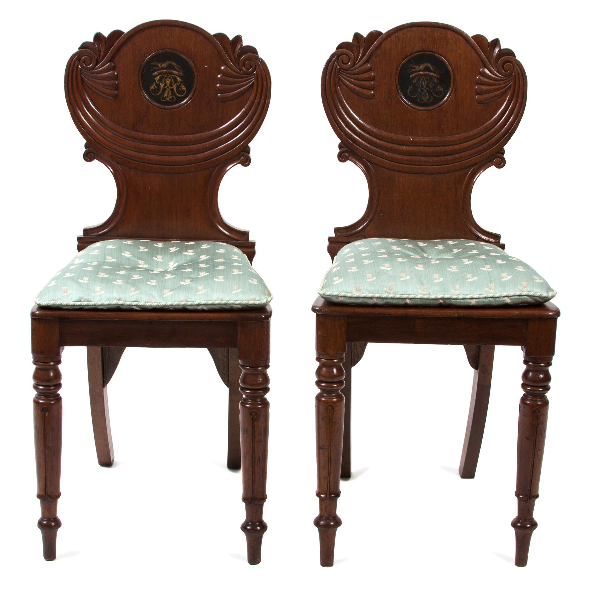 A Pair of Regency Mahogany Hall Chairs Height 33 inches. — 19TH CENTURY