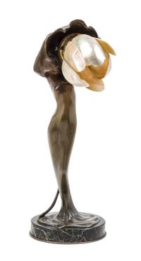 An Art Nouveau Bronze and Shell Figural Lamp, Gyula Betlen (1879-1962) Height 25 3/4 inches.