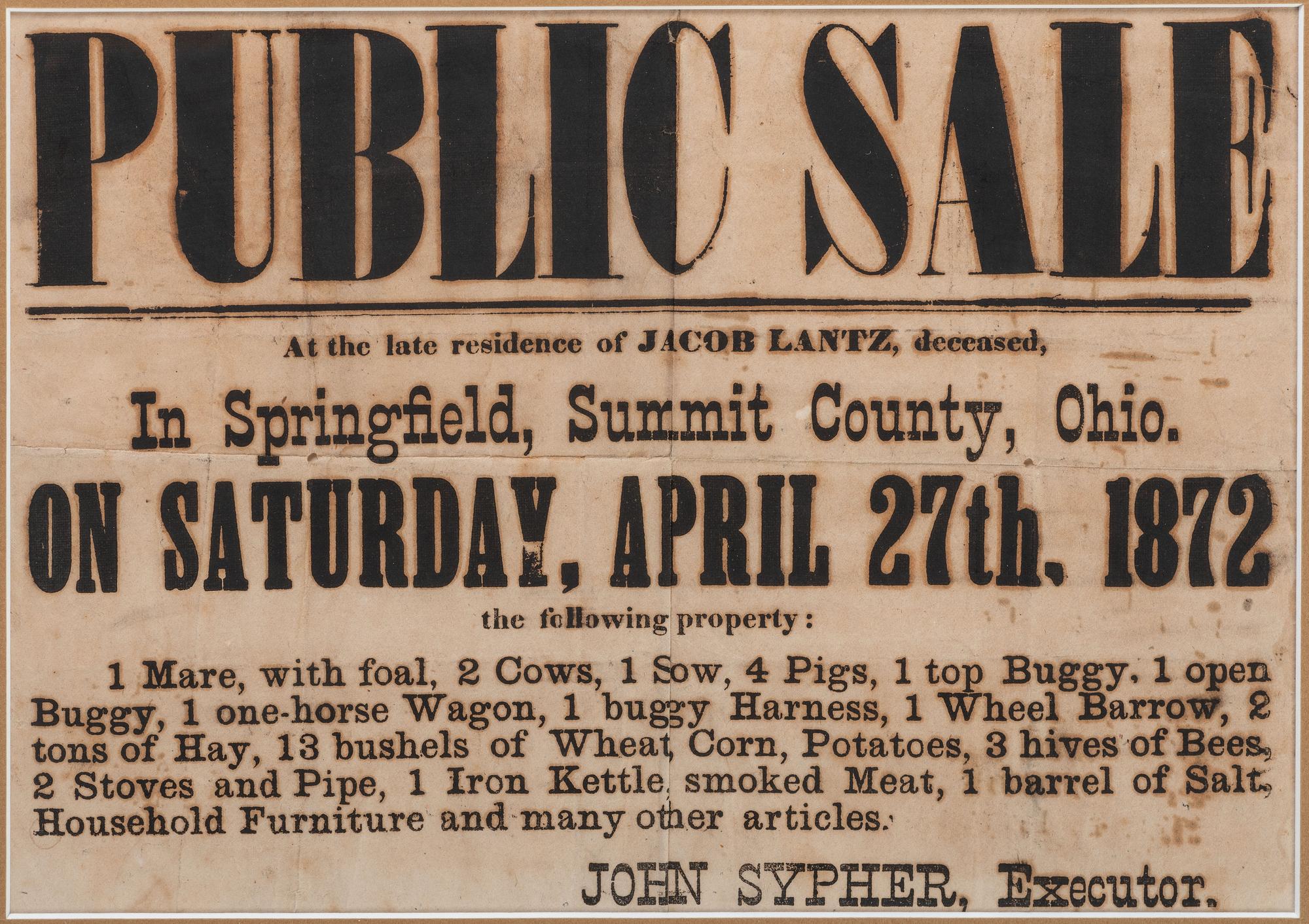 A Printed Auction Broadside Promoting a Farm Auction