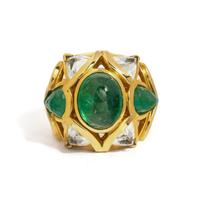 EMERALD, ROCK CRYSTAL QUARTZ, AND YELLOW GOLD RING
