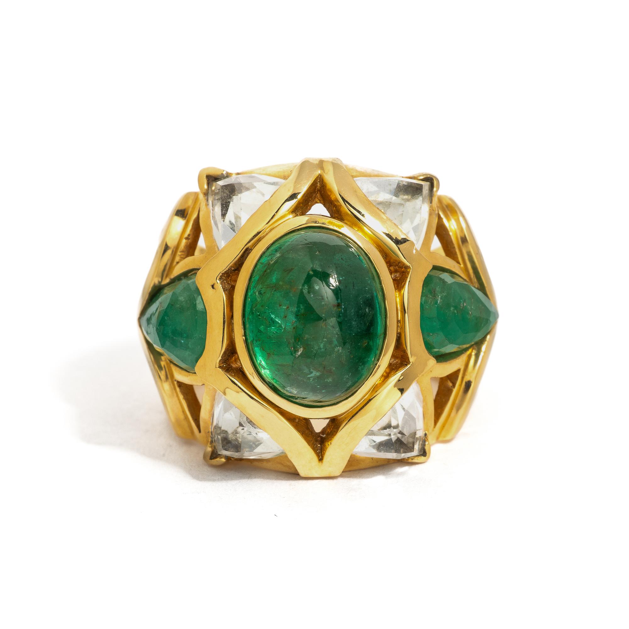 EMERALD, ROCK CRYSTAL QUARTZ, AND YELLOW GOLD RING