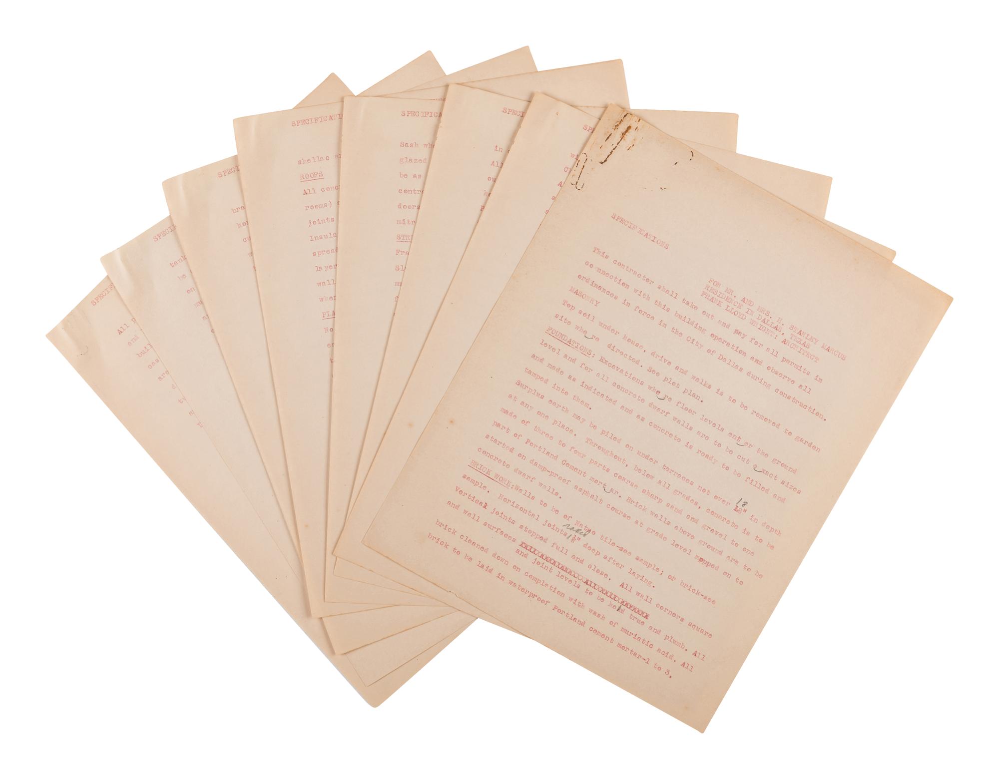 [FRANK LLOYD WRIGHT] -- [RESIDENCE SPECIFICATIONS]. 2 carbon typescripts of residential building specifications, comprising: