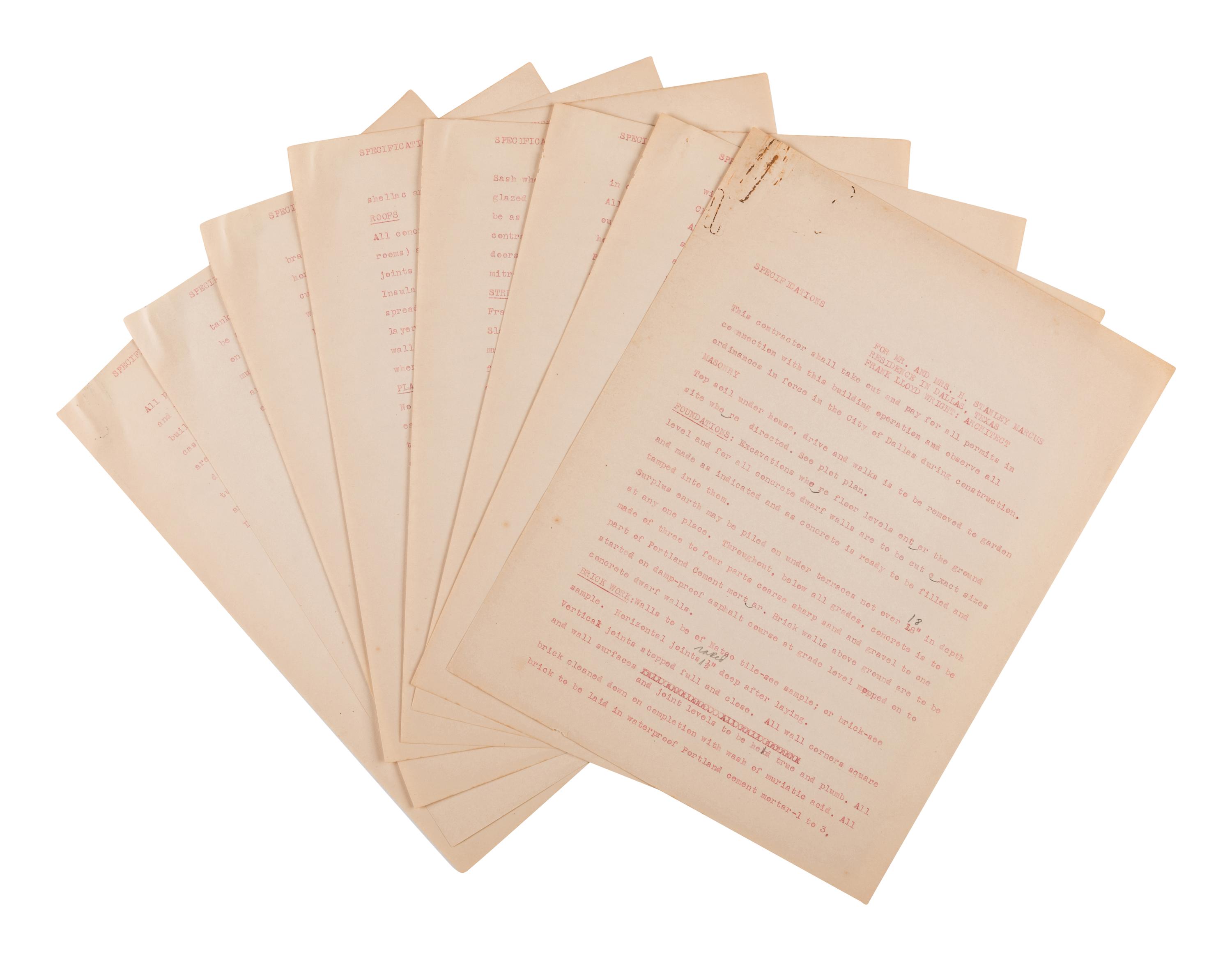 [FRANK LLOYD WRIGHT] -- [RESIDENCE SPECIFICATIONS]. 2 carbon typescripts of residential building specifications, comprising: