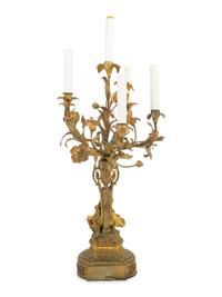 A Continental Gilt Bronze, Marble and Tôle Six-Light Candelabrum Mounted as a Lamp