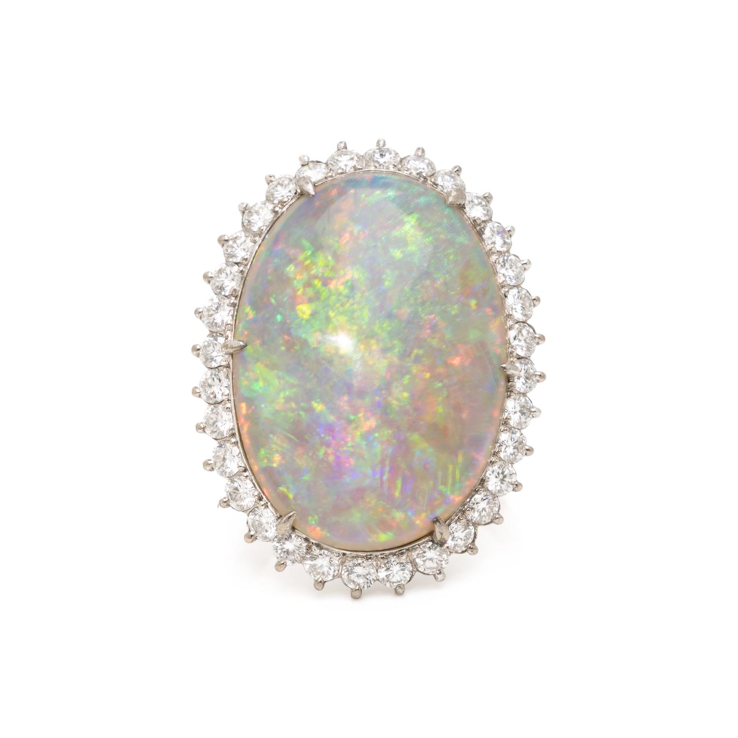 Opal Doublet, Diamond, and White Gold Ring