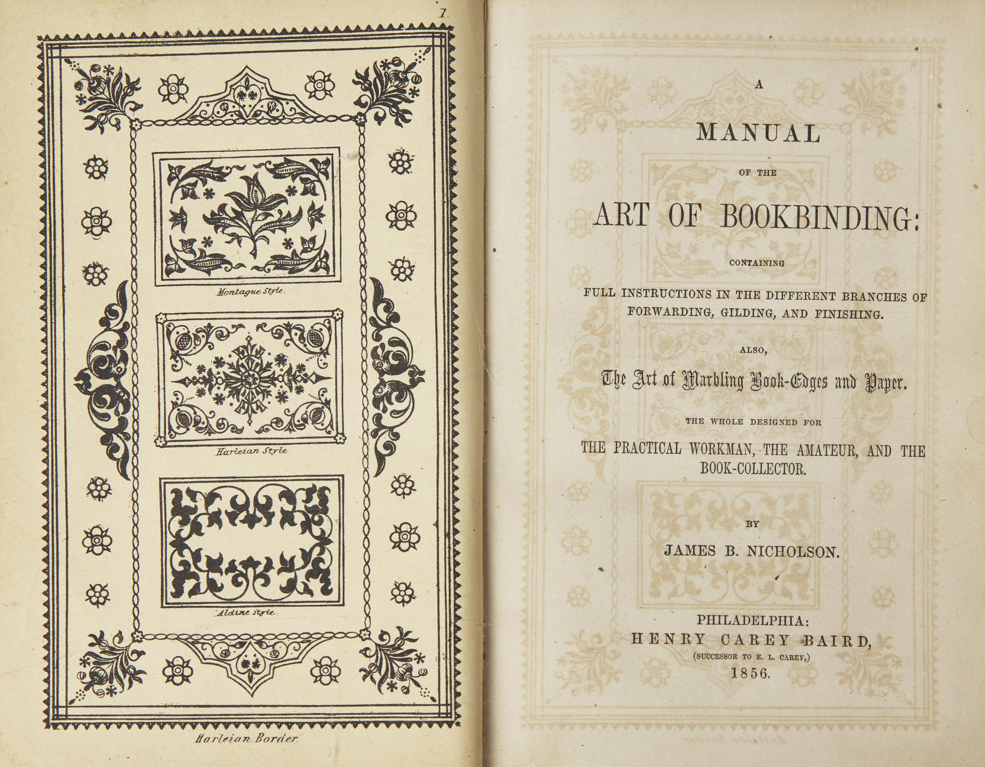 [Books] Nicholson, James B. A Manual of the Art of Bookbinding: Containing Full Instructions in the Different Branches of Forwarding, Gilding, and Finishing. Also, The Art of Marbling Book-Edges and Paper...