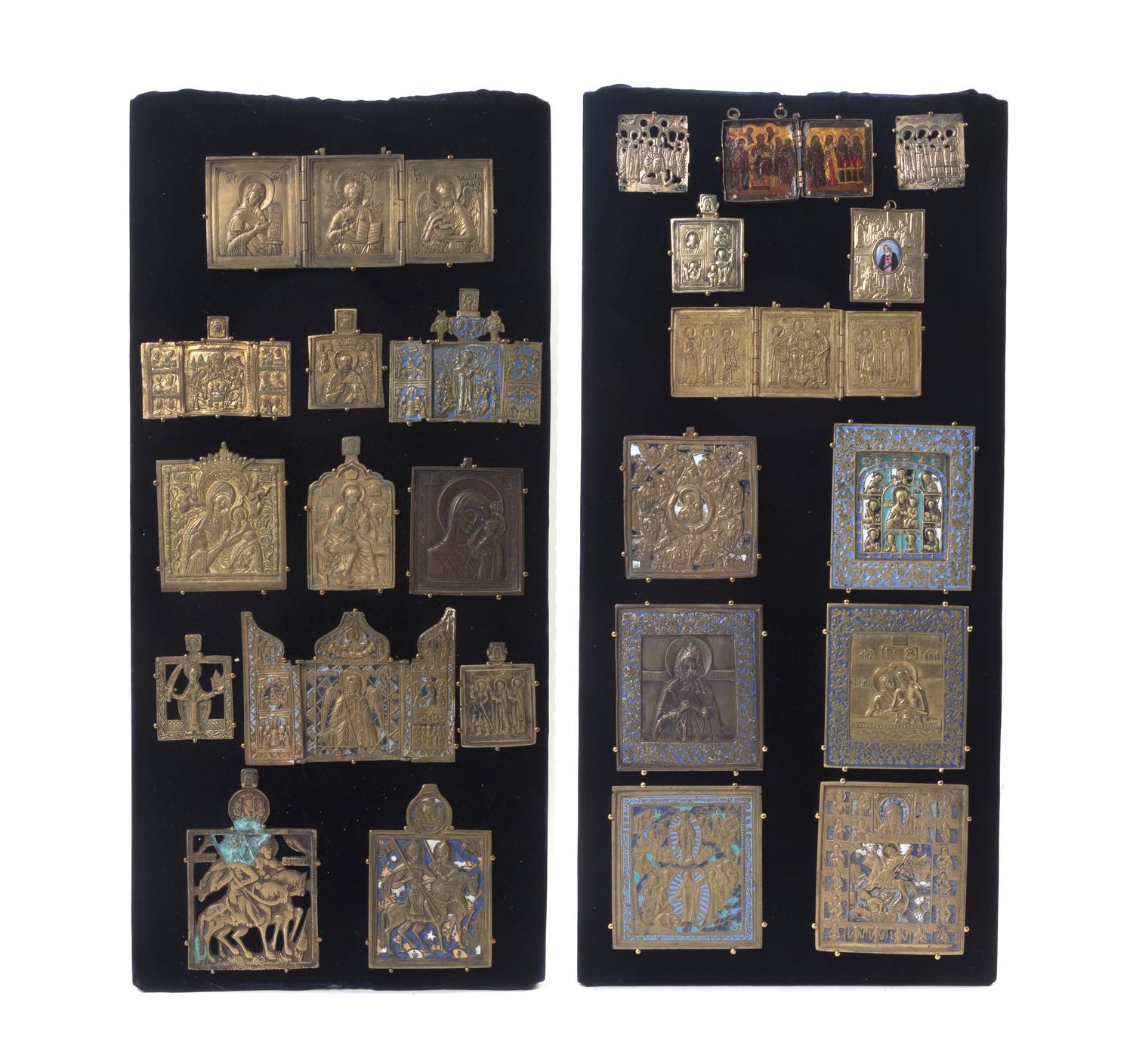 Twelve Russian Polychrome Enameled Bronze Icon Pendants, 19TH CENTURY AND EARLIER,Height of panel 24 x width 11 1/2 inches. — 19TH CENTURY AND EARLIER,