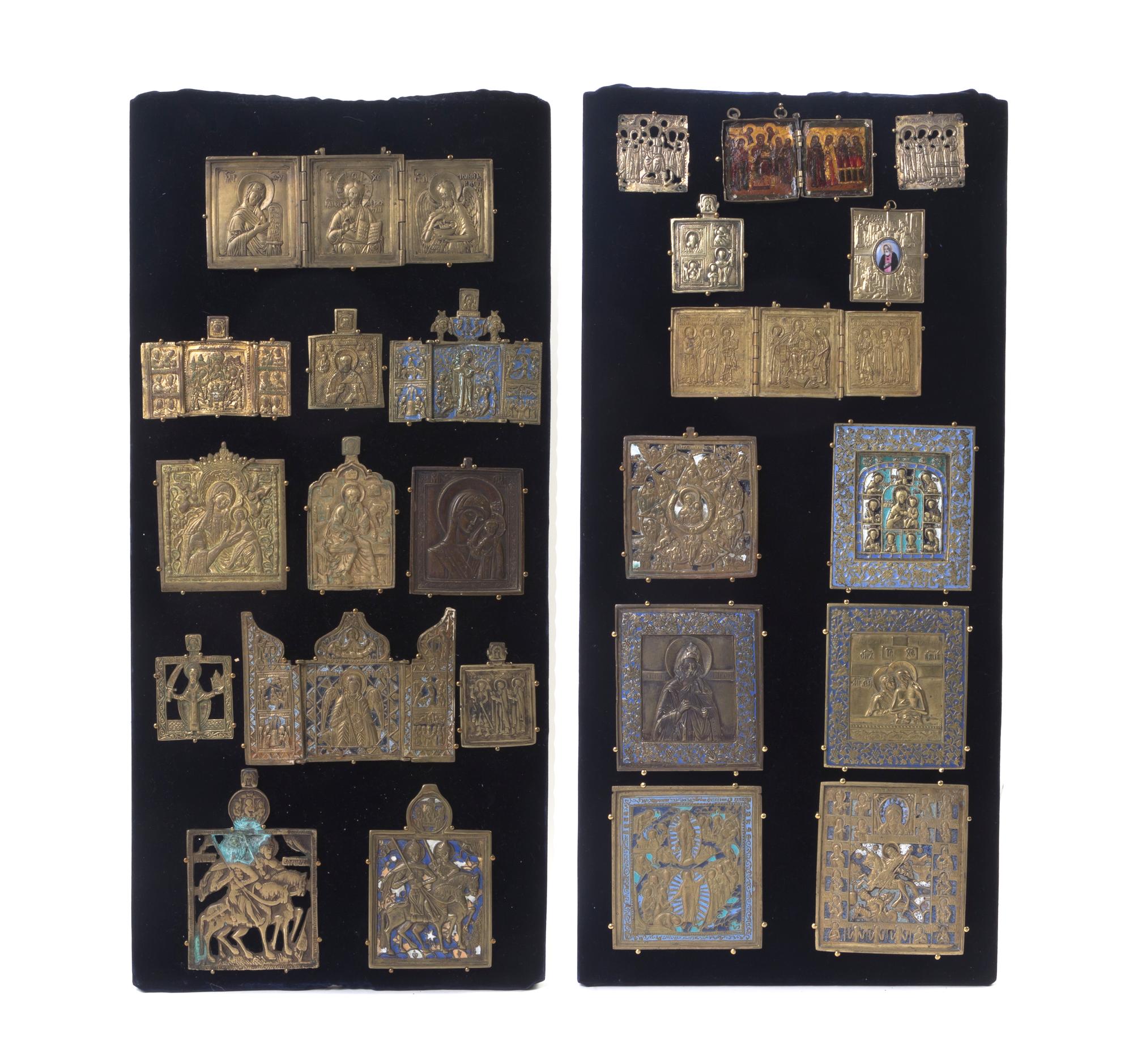Twelve Russian Polychrome Enameled Bronze Icon Pendants, 19TH CENTURY AND EARLIER,Height of panel 24 x width 11 1/2 inches. — 19TH CENTURY AND EARLIER,