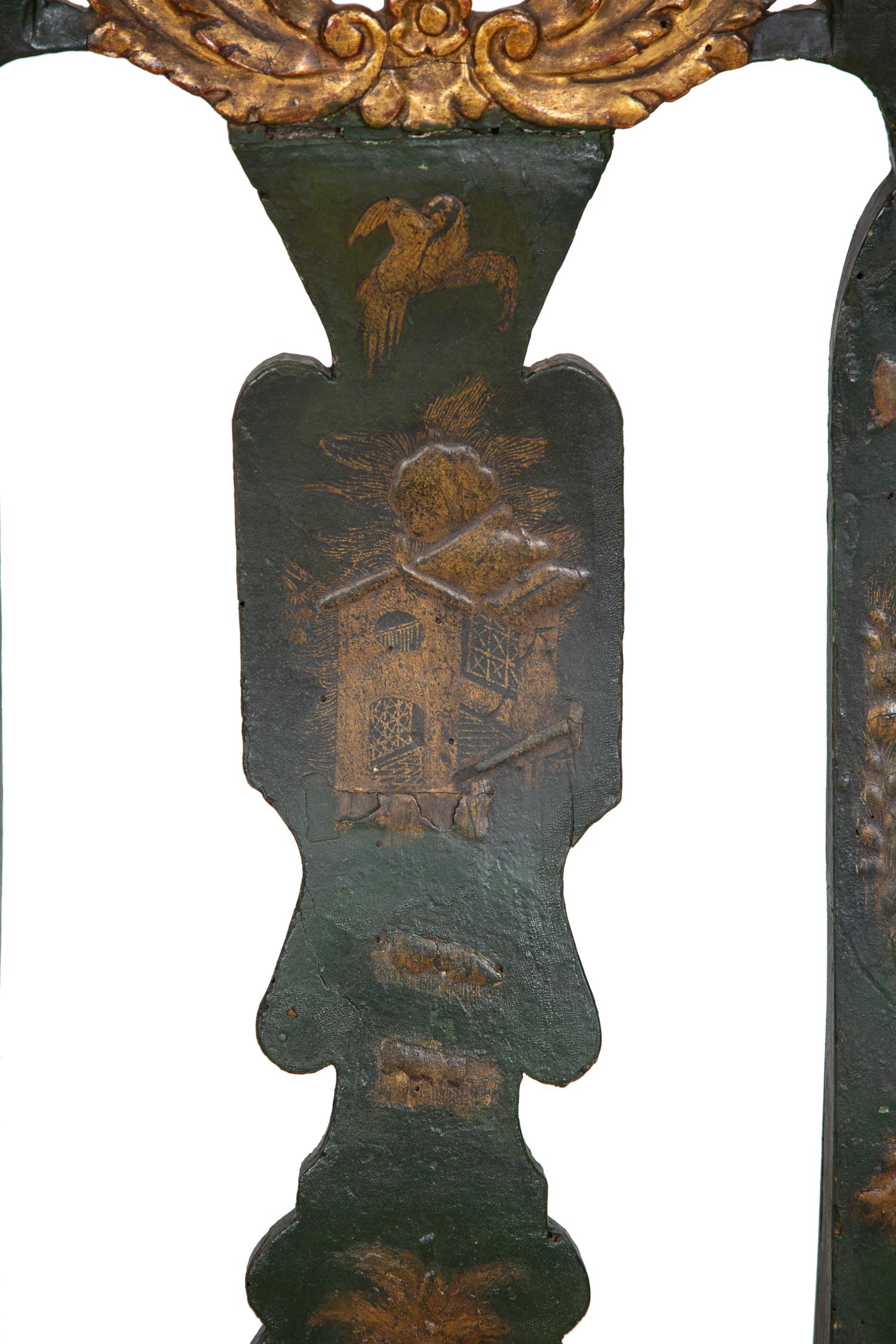 A Pair of North Italian Painted and Parcel Gilt Cane Seat Chairs