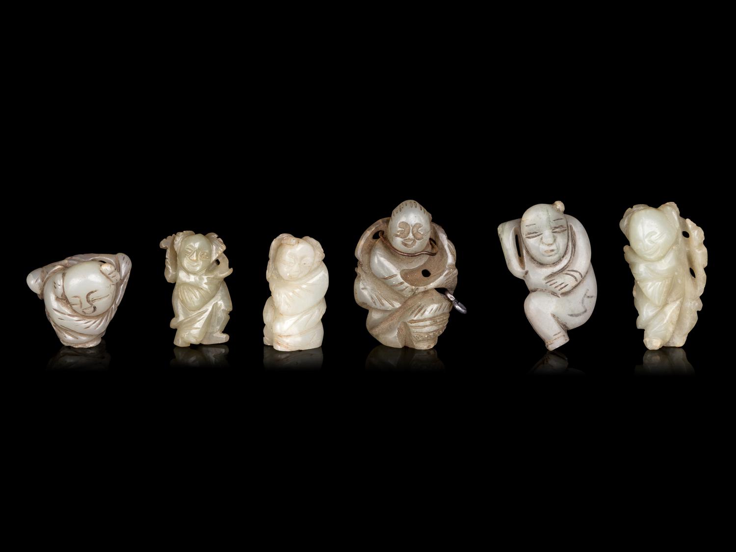 Six Celadon Jade Carvings of Boys