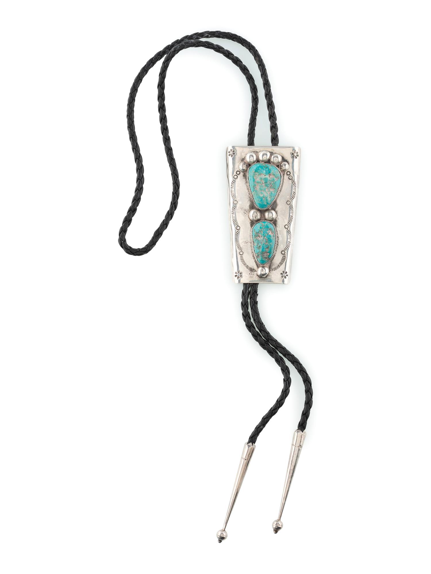 Navajo Stamped Silver and Turquoise Bolo Tie