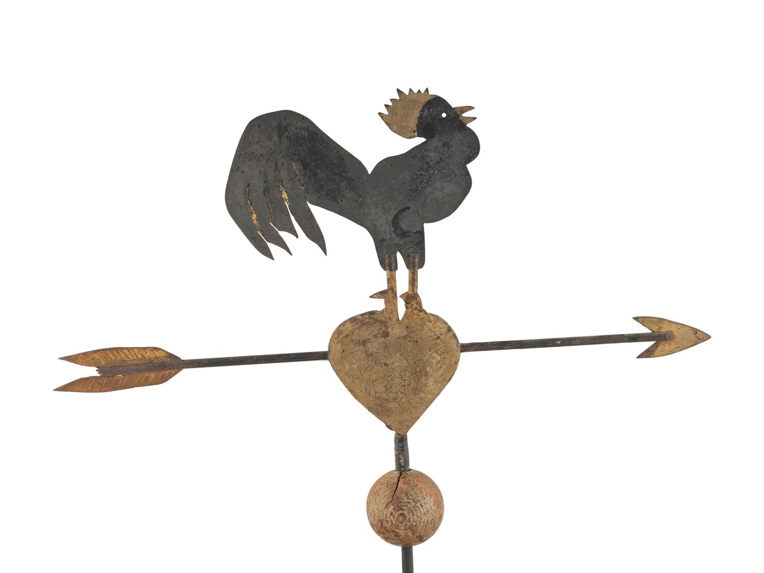 A Parcel Gilt Cut Sheet Iron Rooster on Heart Weathervane