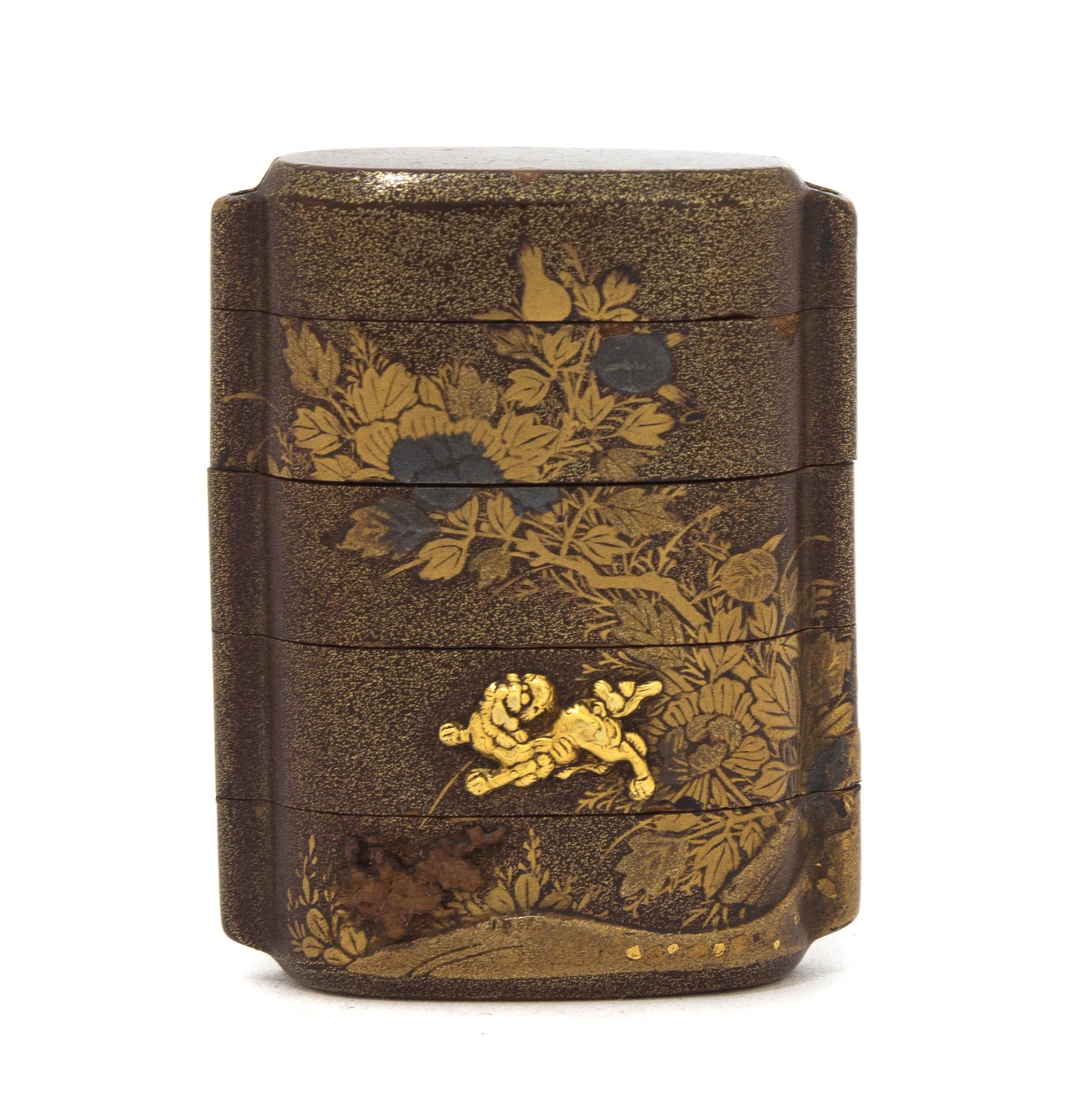 A Small Gilt Lacquer Four-Tier Inro Height 2 inches.