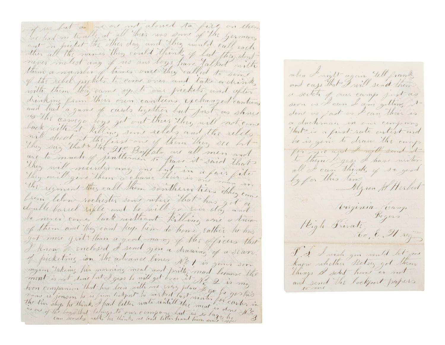 [CIVIL WAR]. Soldier's letter with drawing of "Picket life in Virginia," by Myren Herbert, 21st "Buffalo" New York Regiment, who deserted 9 months later. "Head Quarters, Camp Rogers," 5 October 1861."
