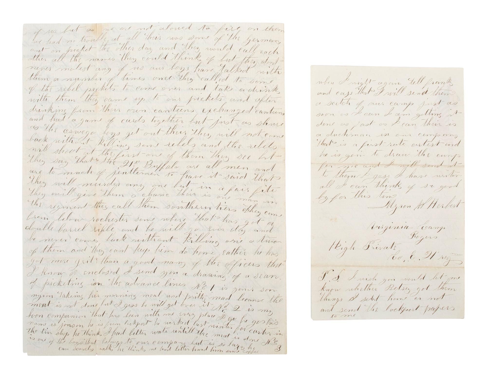 [CIVIL WAR]. Soldier's letter with drawing of "Picket life in Virginia," by Myren Herbert, 21st "Buffalo" New York Regiment, who deserted 9 months later. "Head Quarters, Camp Rogers," 5 October 1861."