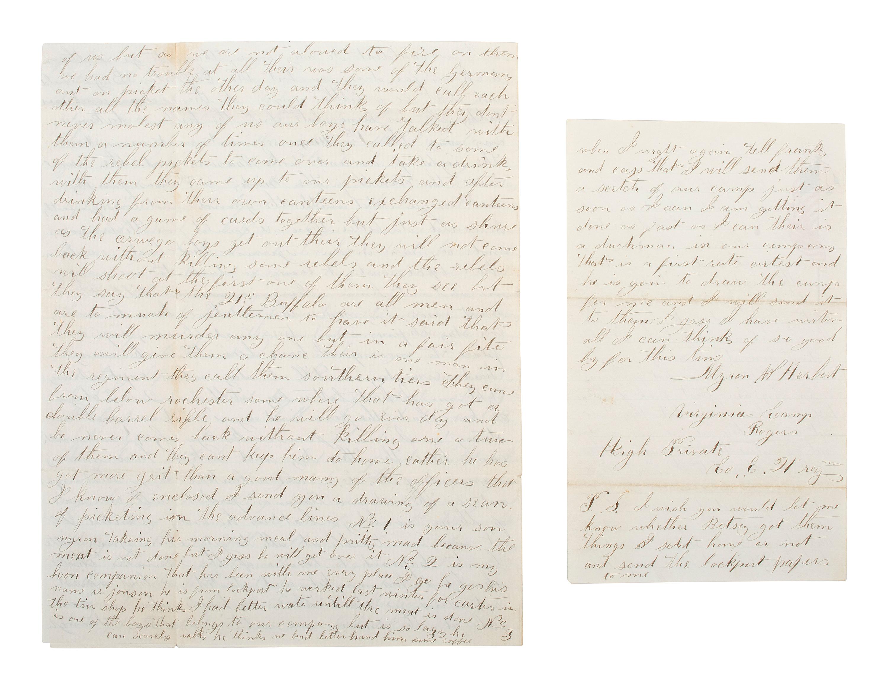[CIVIL WAR]. Soldier's letter with drawing of "Picket life in Virginia," by Myren Herbert, 21st "Buffalo" New York Regiment, who deserted 9 months later. "Head Quarters, Camp Rogers," 5 October 1861."