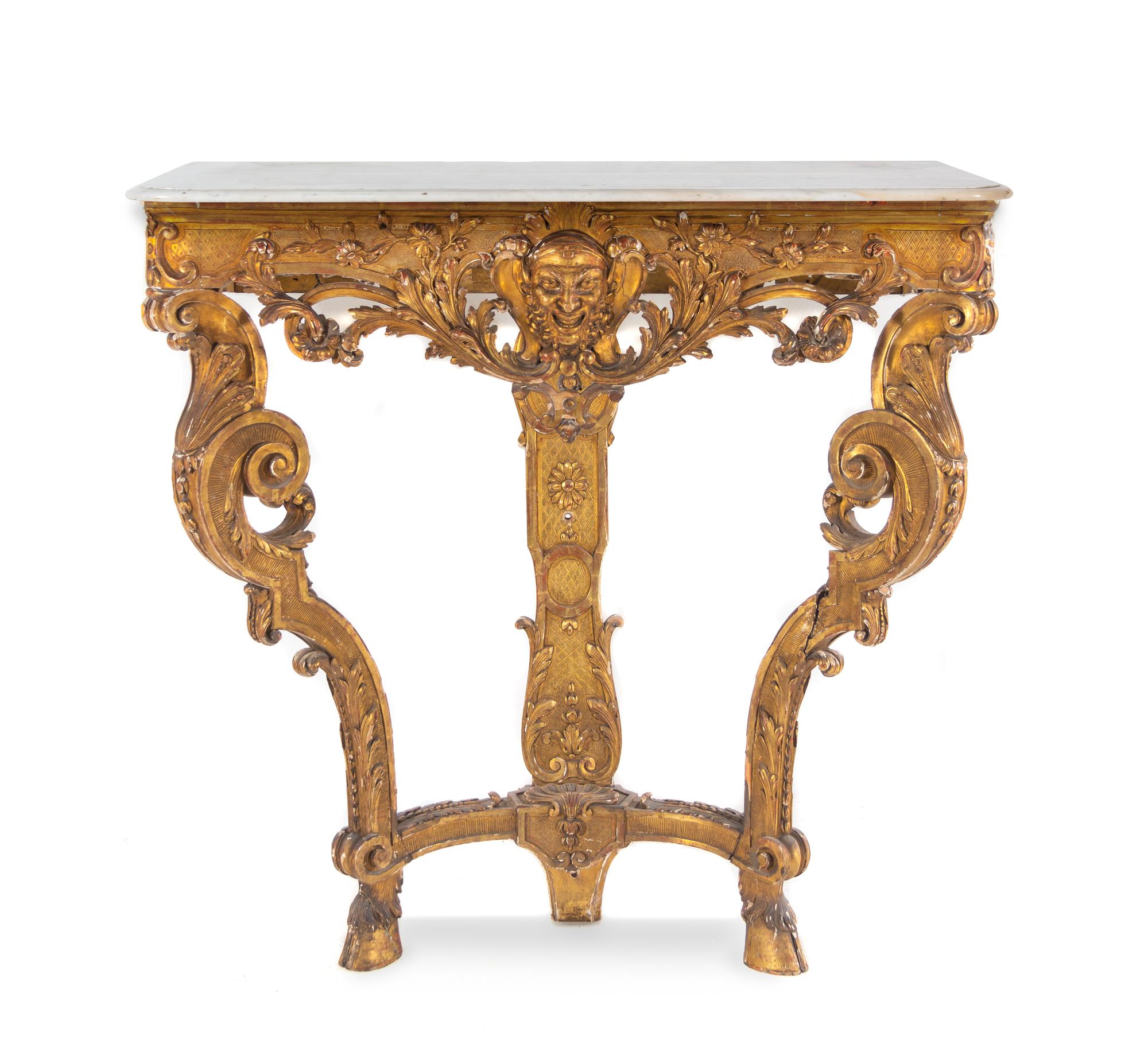 A Louis XV Style Giltwood Marble-Top Console Table