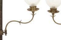 A Pair of Treen and Steel Hurricane Lamps with Etched Glass Shades