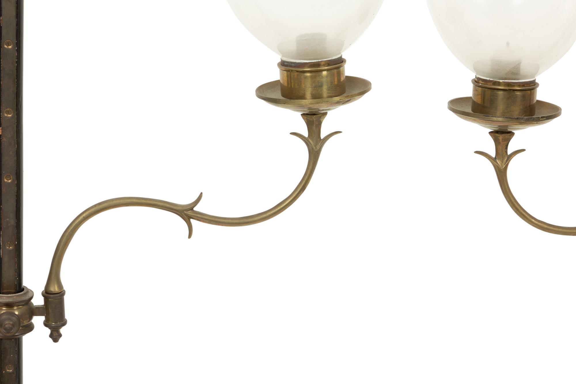 A Pair of Treen and Steel Hurricane Lamps with Etched Glass Shades