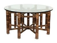 A McGuire Leather-Wrapped Bamboo Glass-Top Coffee Table