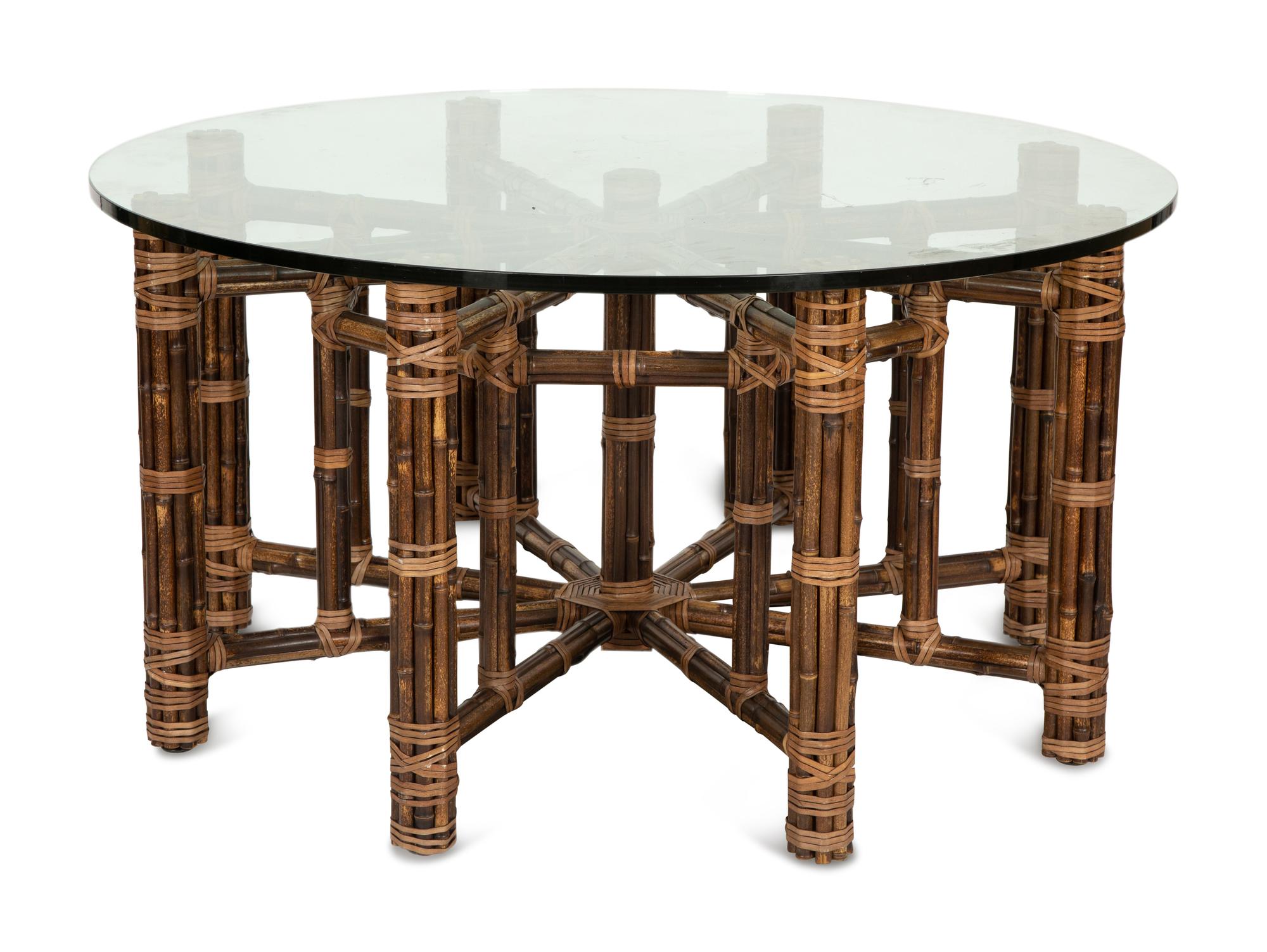 A McGuire Leather-Wrapped Bamboo Glass-Top Coffee Table