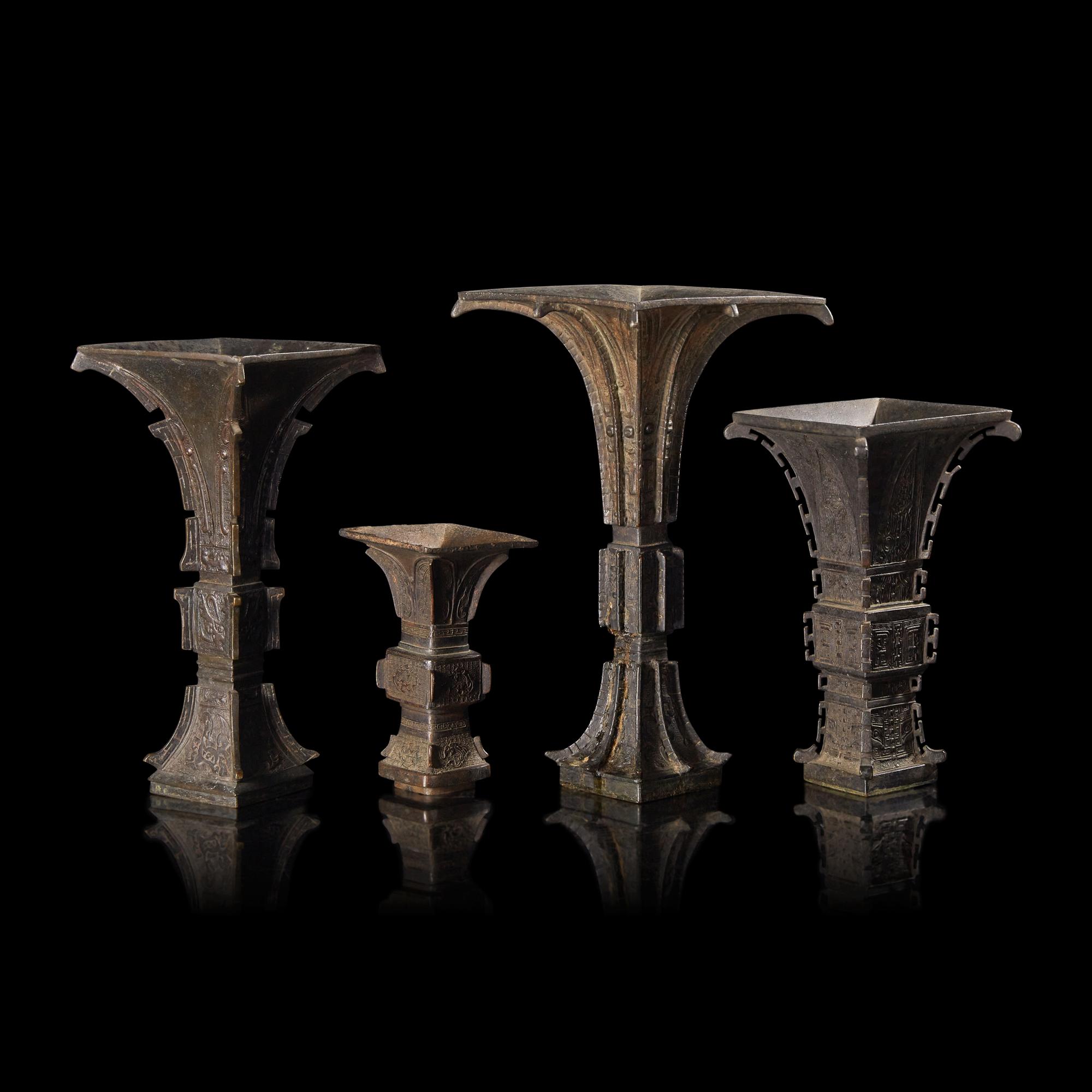 Four Chinese Archaistic Patinated Bronze Vases, Gu, Late Ming to Qing Dynasty 晚明-清 仿古銅花觚四件