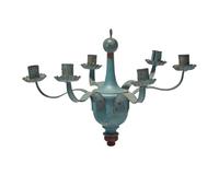 A Small Federal Blue-Painted Six-Arm Turned Wood and Tin Chandelier