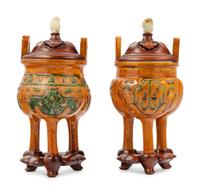 A Pair of Chinese Sancai Glazed Porcelain Tripod Ding Vessels
