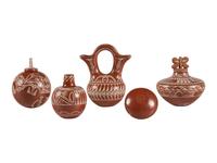 Miniature White-on-Red Lidded Pottery Jars, Plate, and Wedding Vase