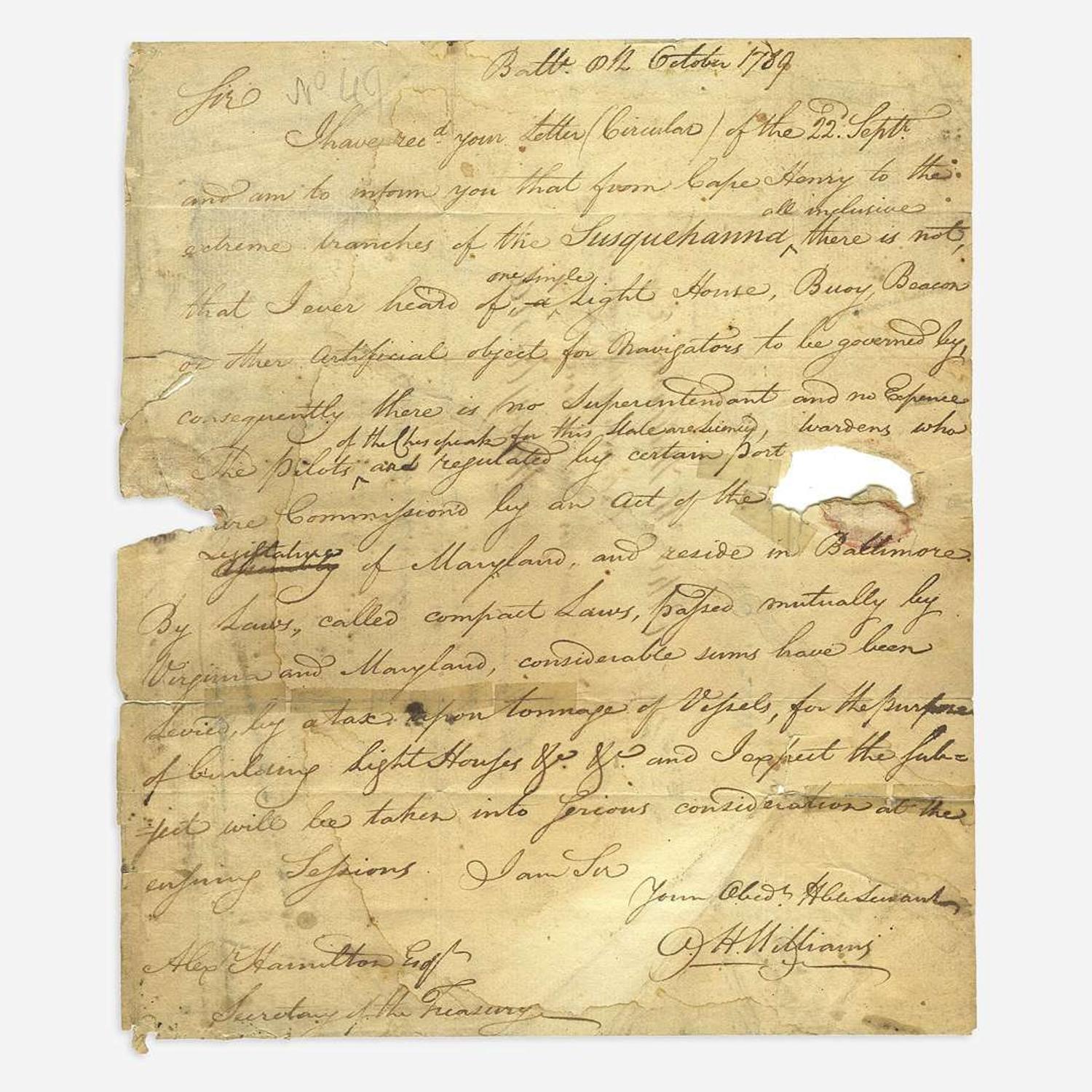 [Hamilton, Alexander] [Lighthouses] Hamilton, Alexander Free-frank Address Leaf