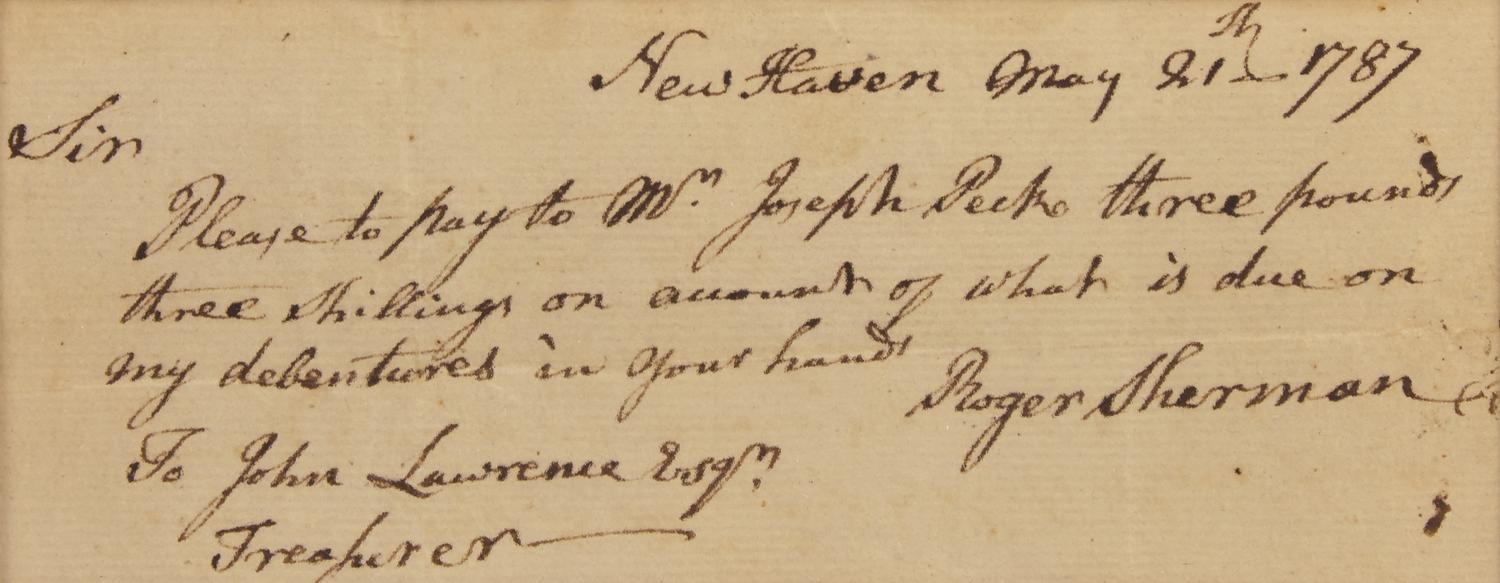 [Declaration of Independence] Sherman, Roger. Autograph Letter, signed.
